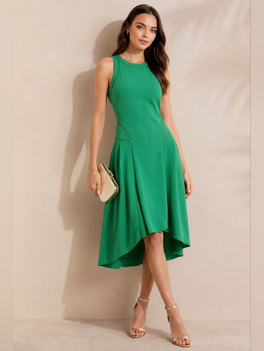 Karen Millen Green Midi Drop Waist Dress Sleevele Wedding Guest Cocktail Party 8